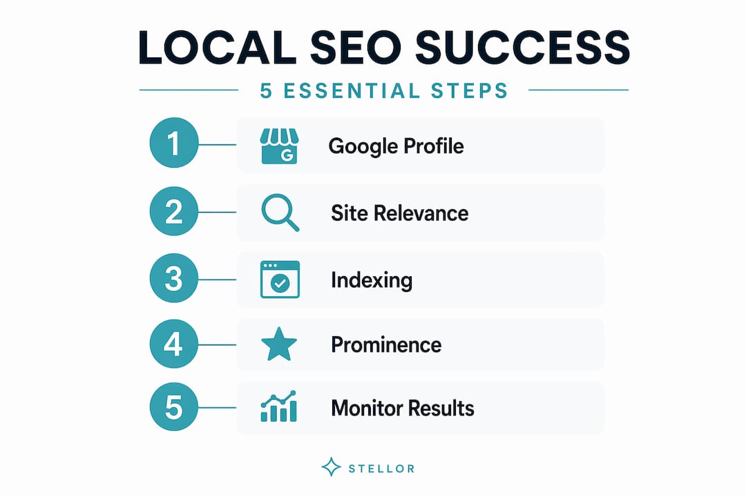 Infographic showing 5 steps of local SEO process