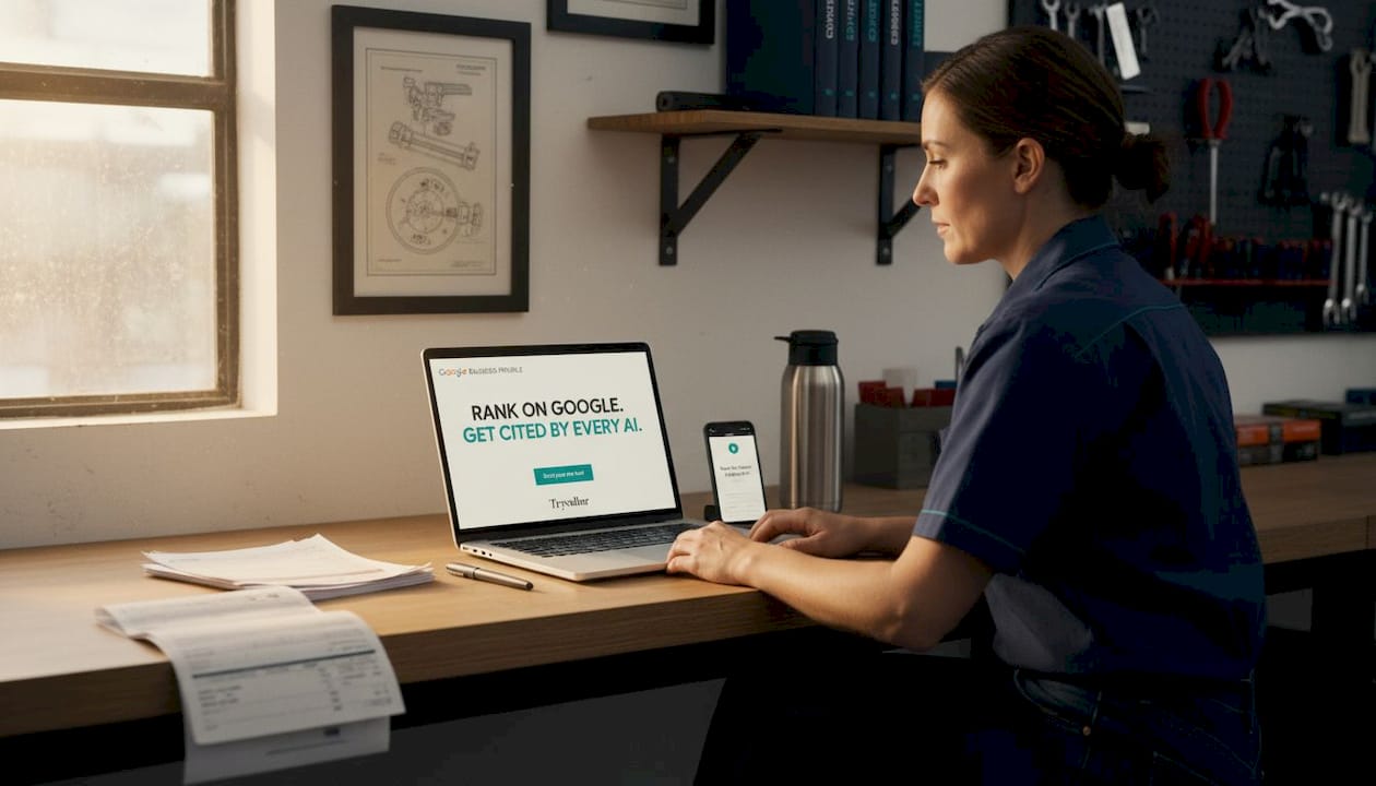 Auto shop owner updates Google profile at cluttered desk