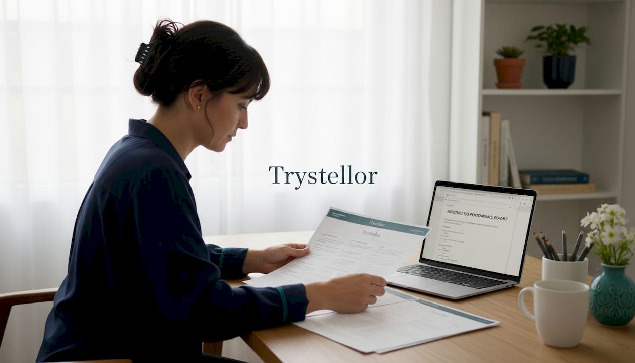 Business owner reviews monthly SEO report at desk