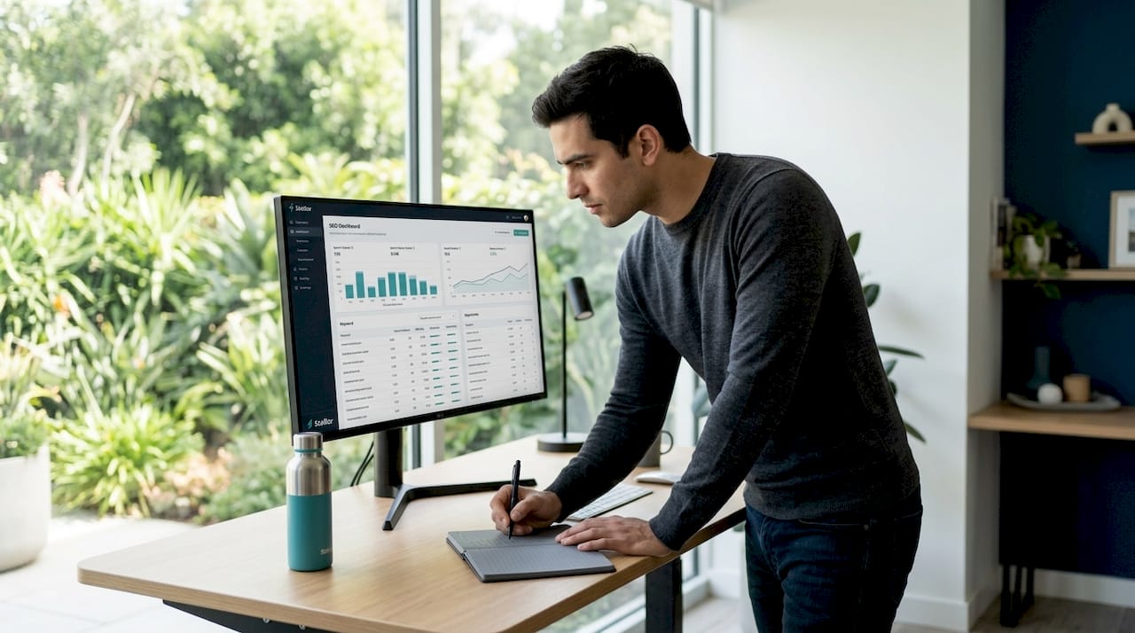 Man doing keyword research in home office
