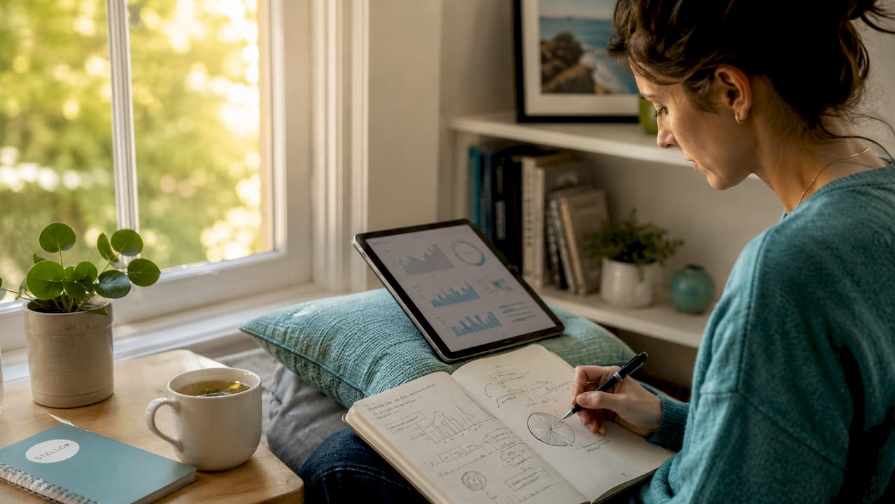 Desk with printouts and tablet reviewing Google reviews