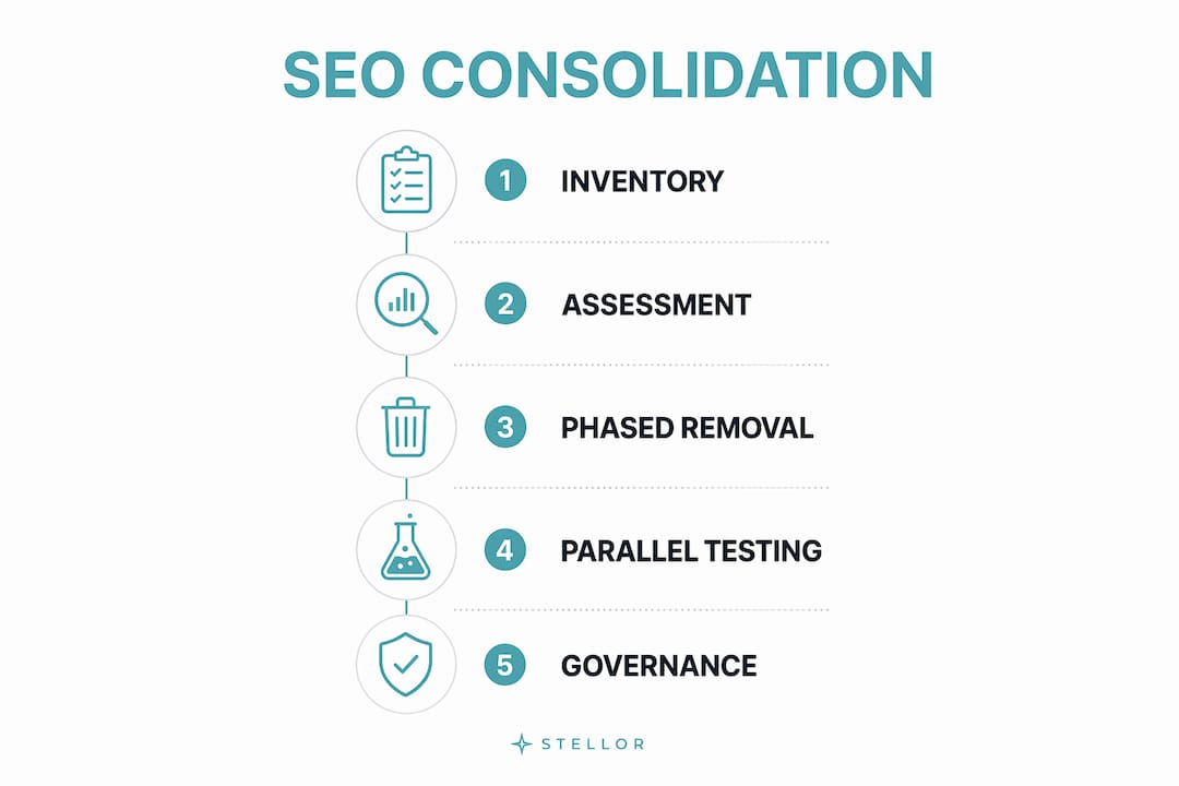 Infographic illustrating SEO consolidation phases in vertical flow