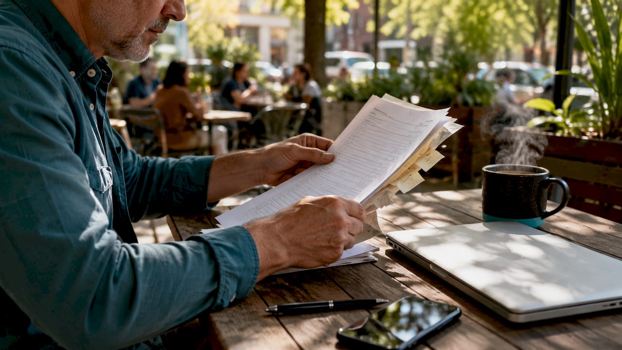 Hands taking legal SEO notes in café