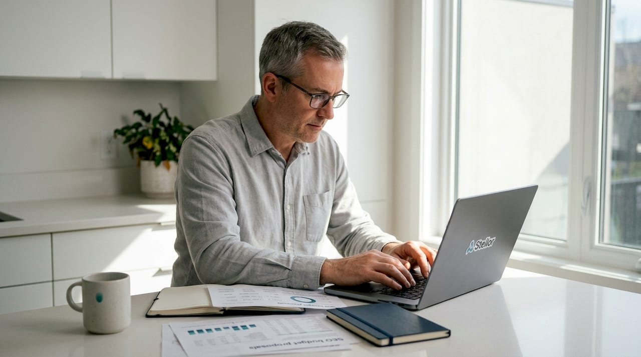 Hands typing on laptop with SEO budget charts