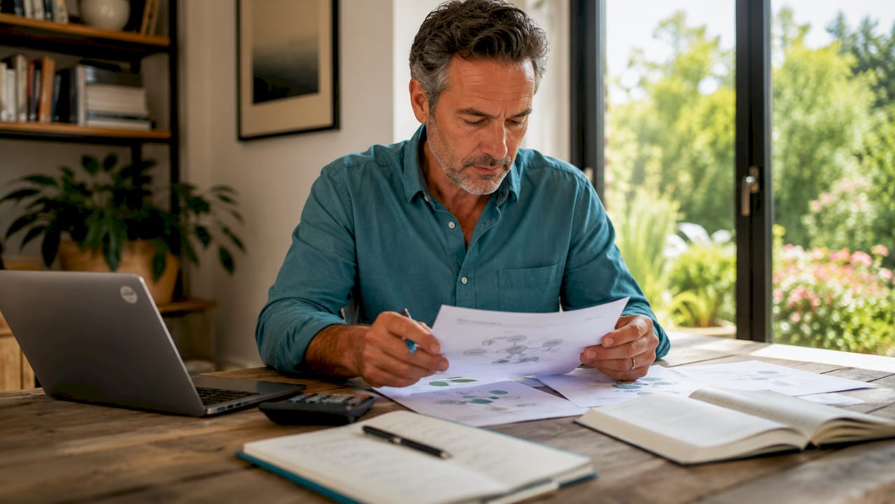 Accountant reviewing SEO cluster notes at desk