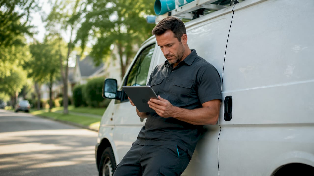 Plumber reviewing SEO dashboard on tablet in van