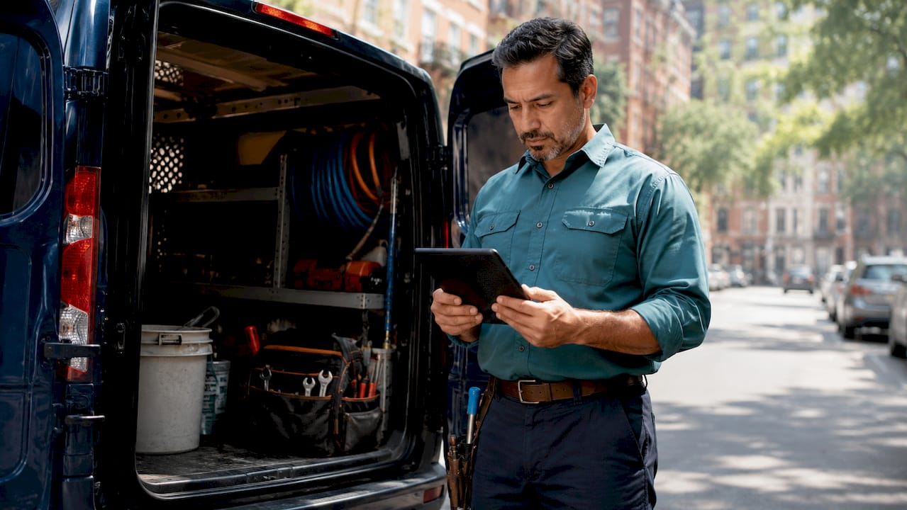 Plumber reviewing AI citation metrics on tablet