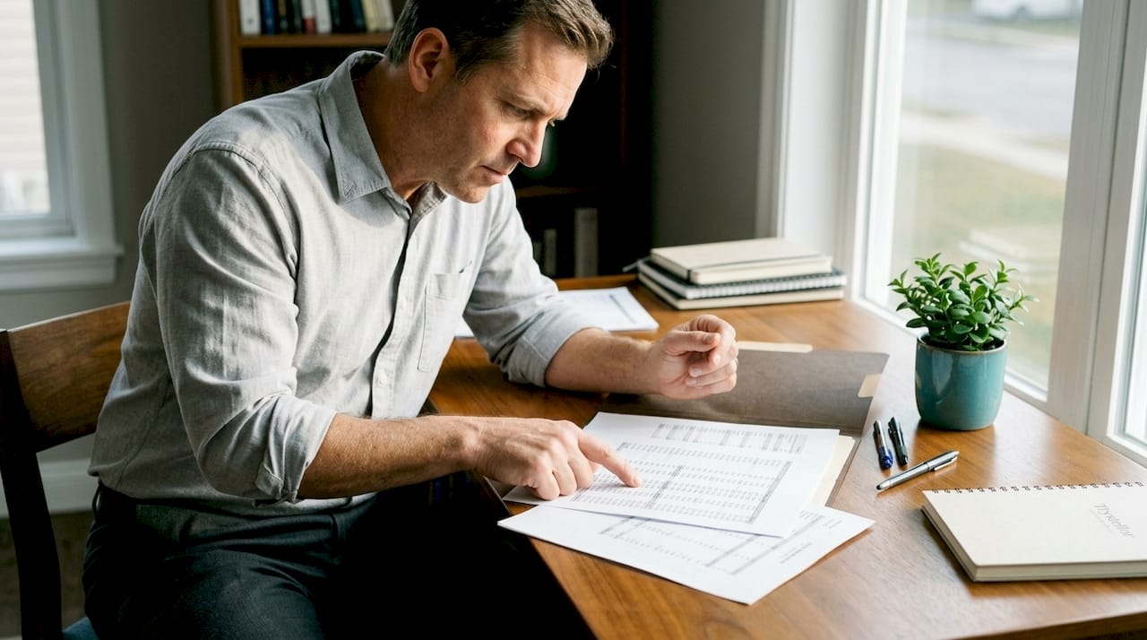 Accountant analyzing spreadsheets at desk in office