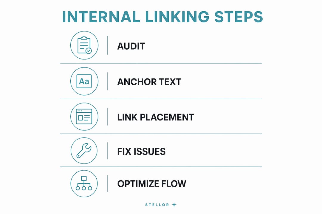 Infographic showing five key internal linking best practice steps