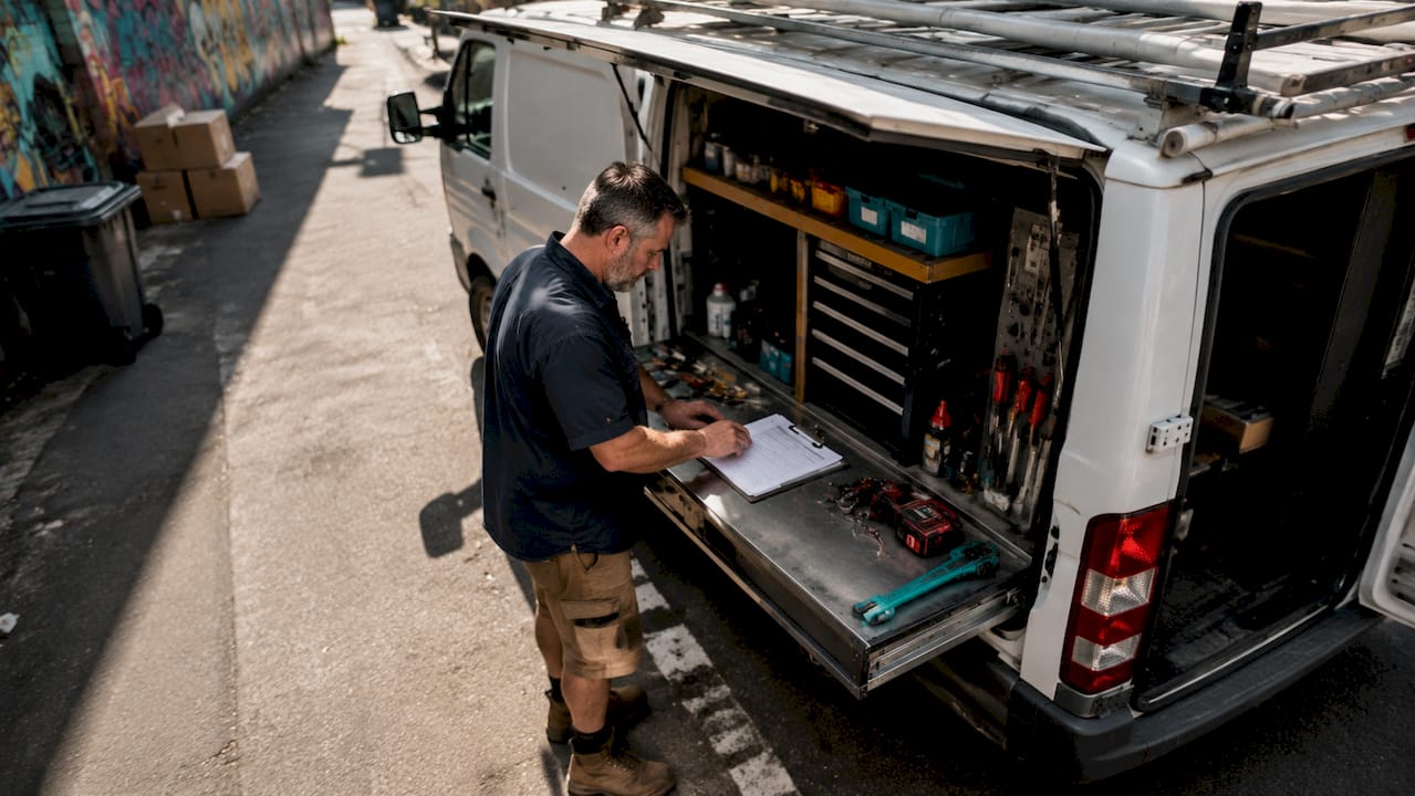 Plumber organizing tools at service van outdoors