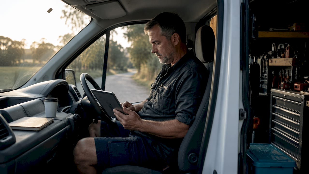 Plumber checking digital dashboard inside service van