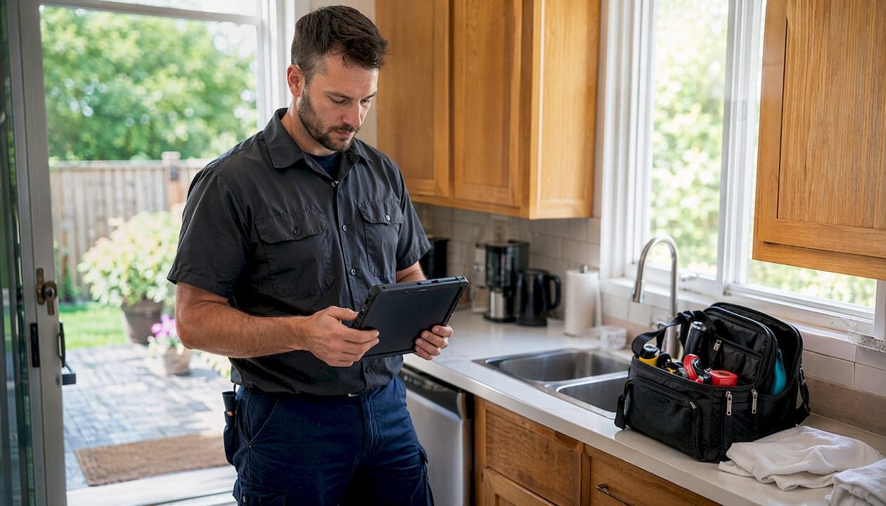 Plumber checking service schedule on tablet