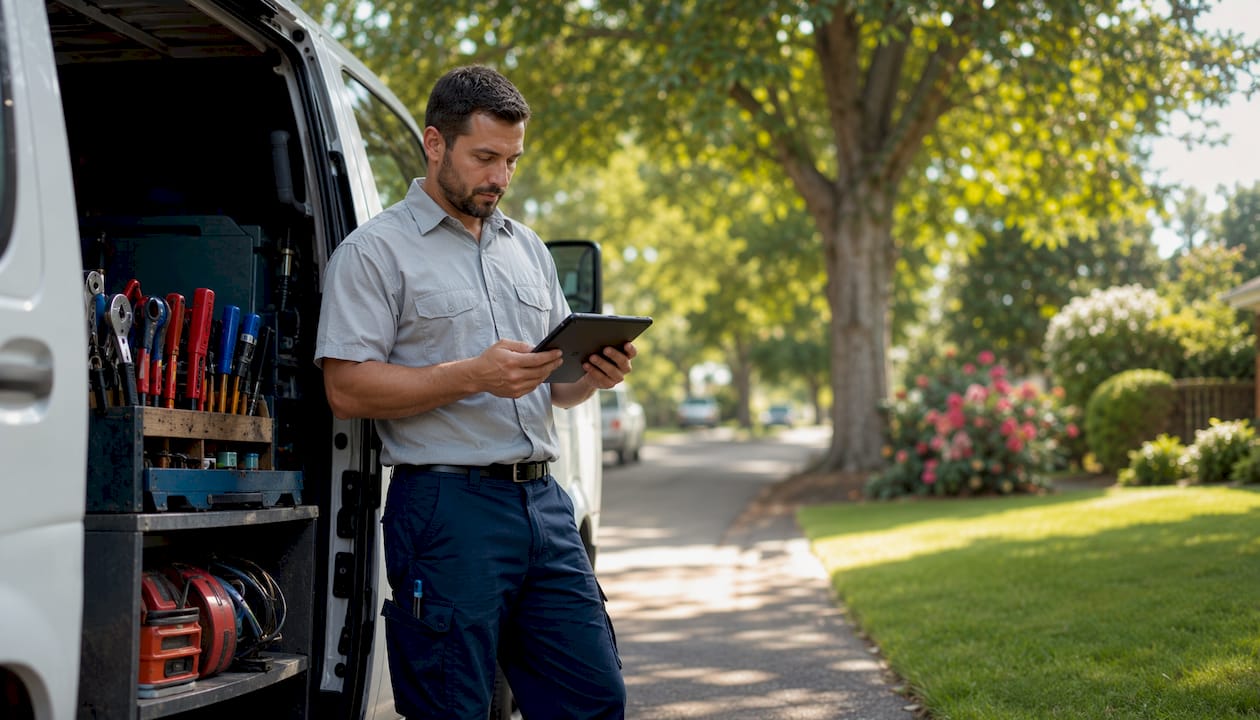 Plumber planning service route on tablet inside van
