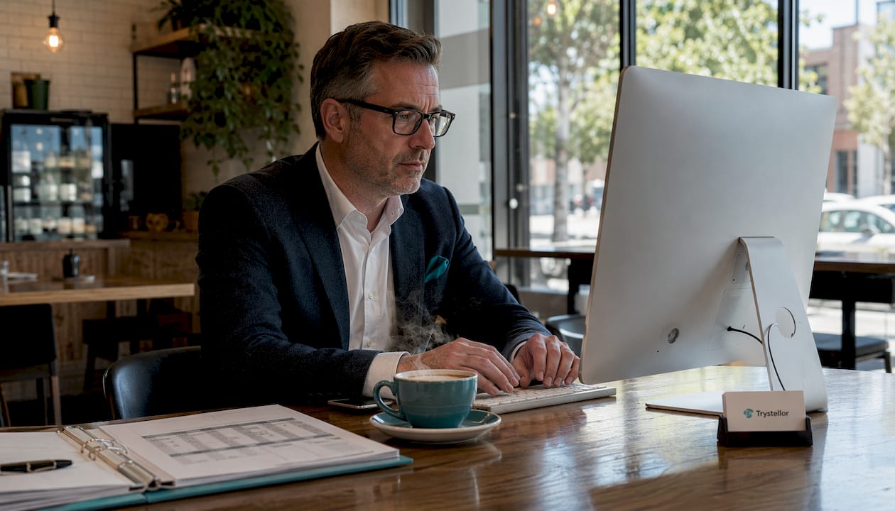 Real estate agent typing notes on SEO link placement at desk