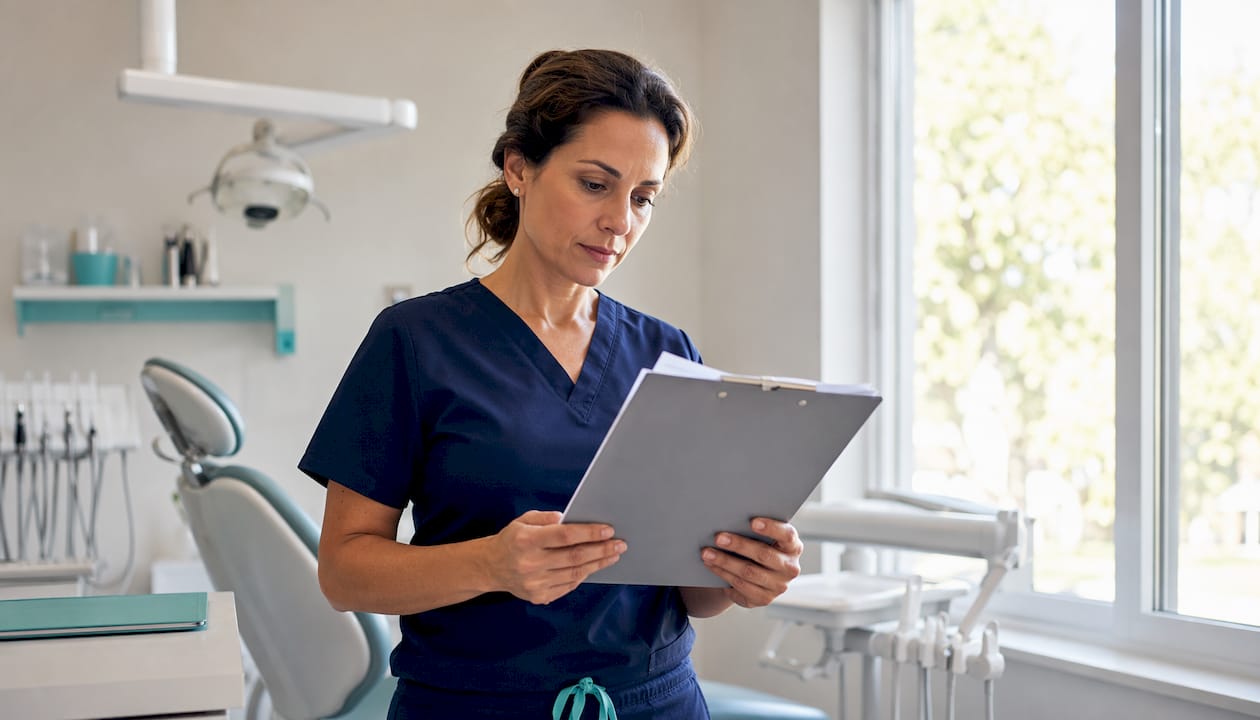 Dentist reviewing patient records in treatment room