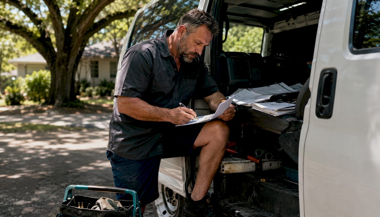 Plumber reviewing work schedule inside van