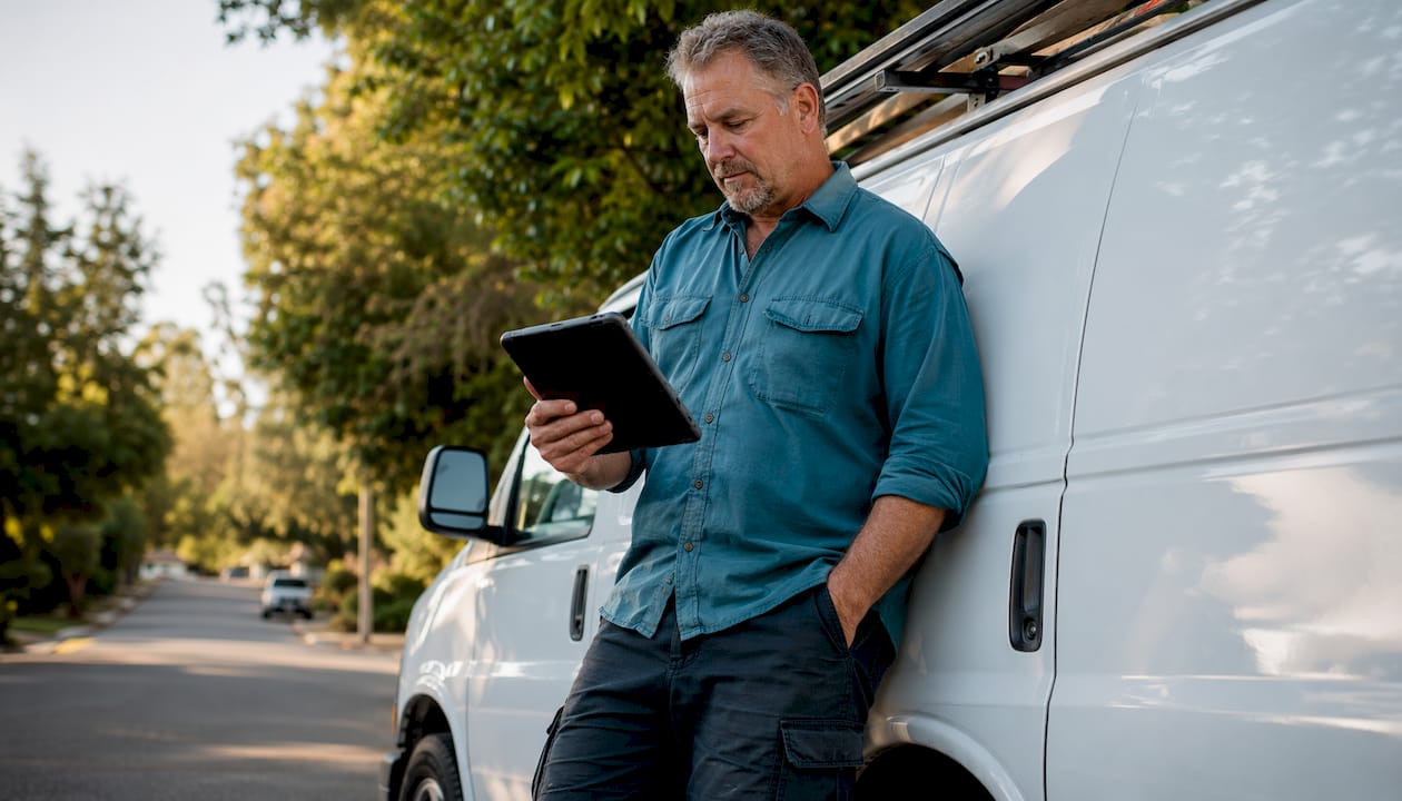 Plumber checking service data on tablet next to van
