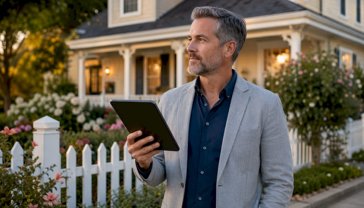 Real estate agent reviewing SEO content on tablet outdoors