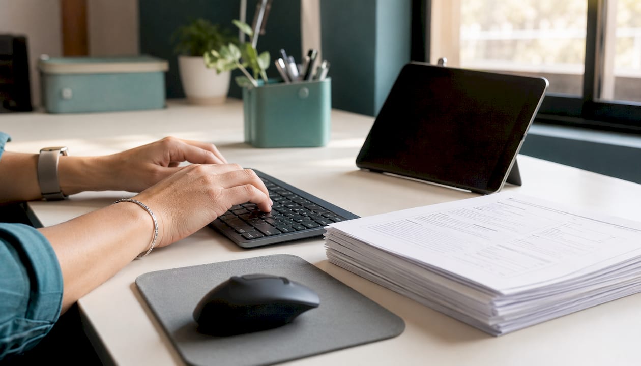 Hands typing next to API docs in law office