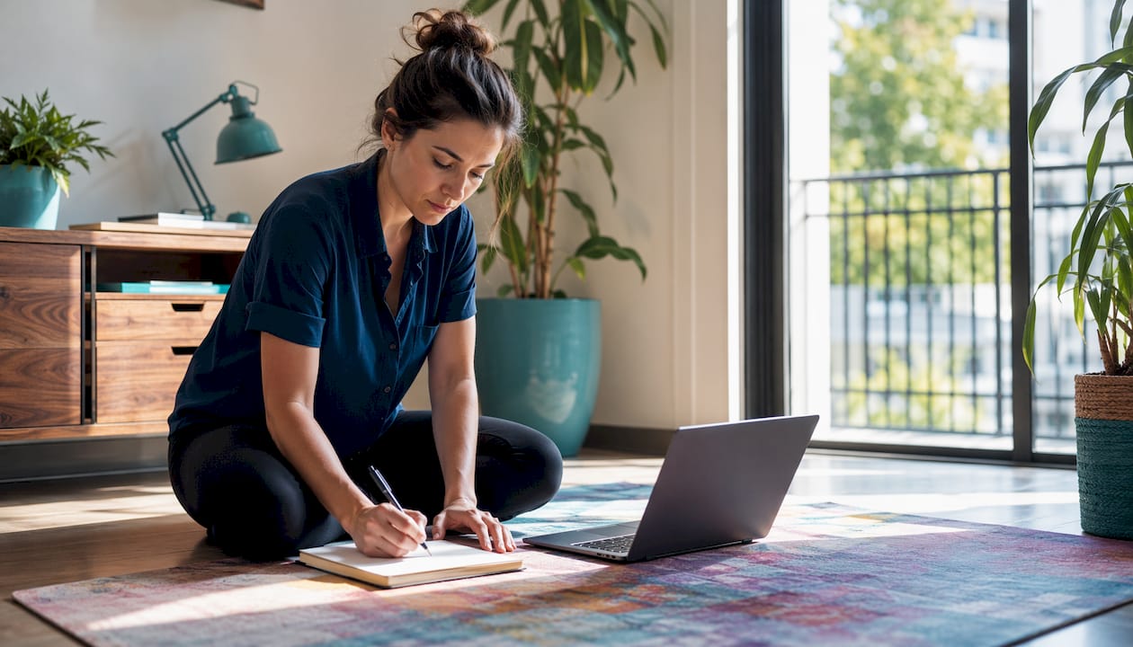Marketing analyst taking notes at call tracking workstation