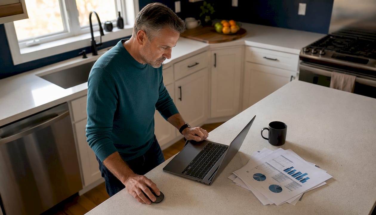 Small business owner managing Google Ads on laptop at desk