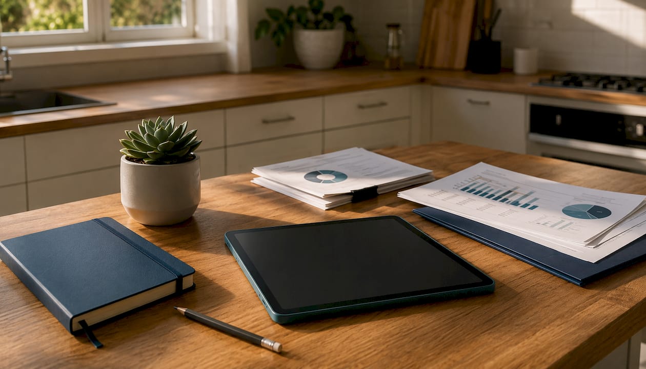 Tablet and printed SEO plans on home office desk
