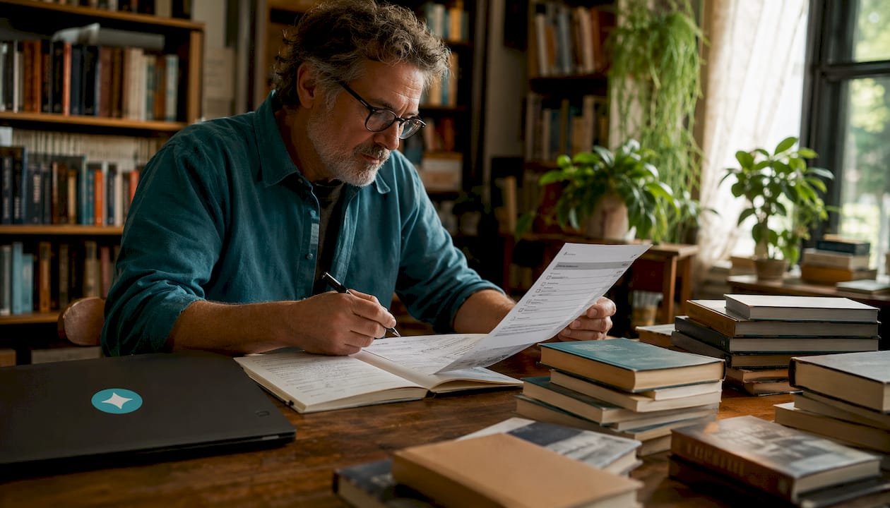 Bookstore owner reviewing local SEO checklist at desk