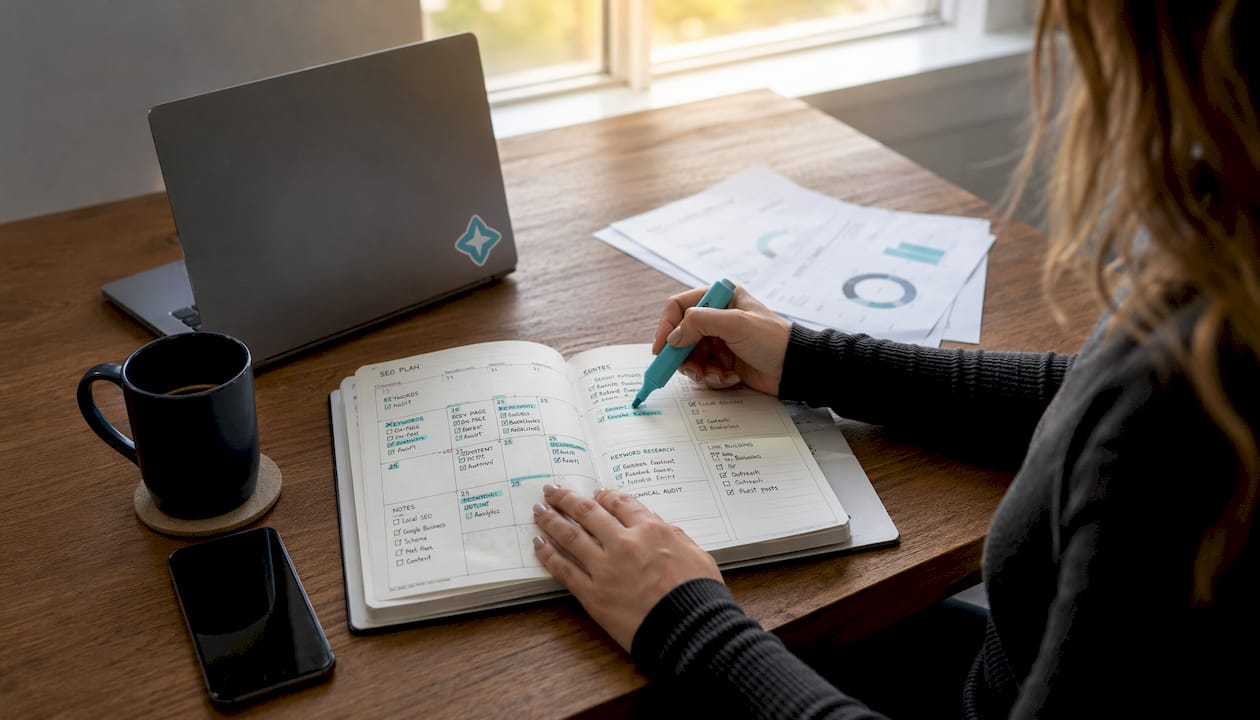 Hands highlighting pool service SEO calendar at desk