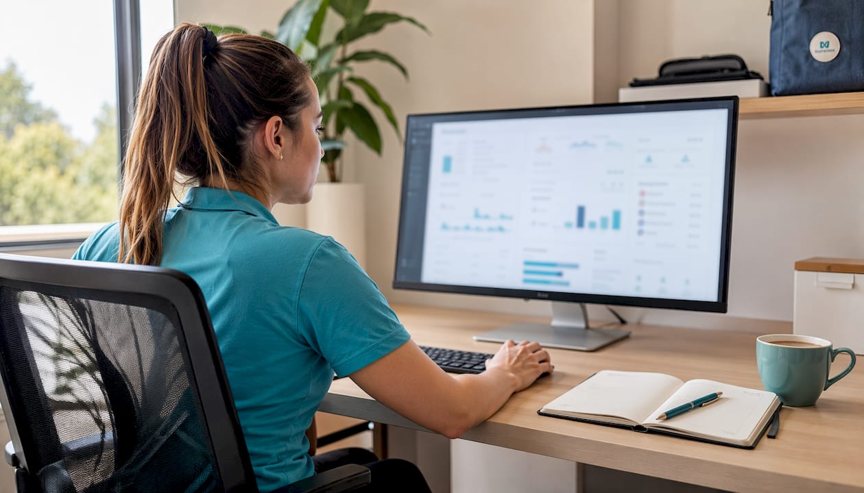 Pool service manager viewing digital SEO dashboard at home desk