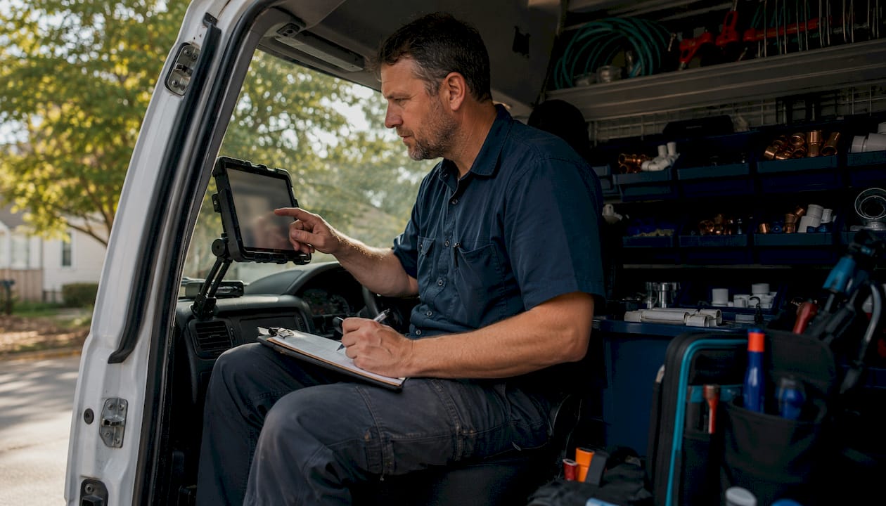 Plumber consulting service details on tablet in van
