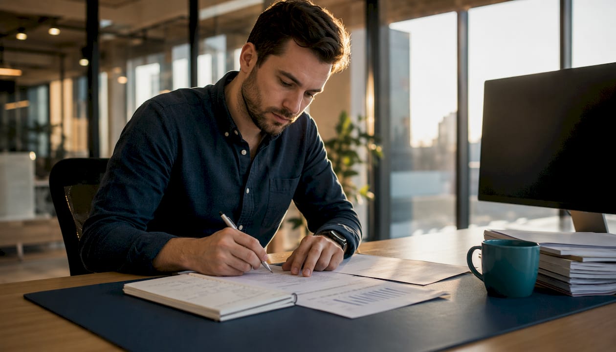 Accountant examining business data sheets