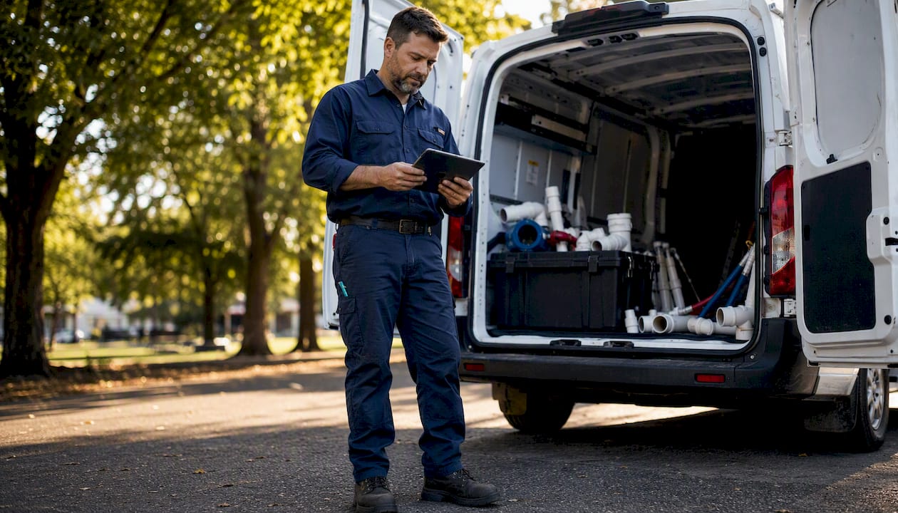 Plumber checking service schedule on tablet near van
