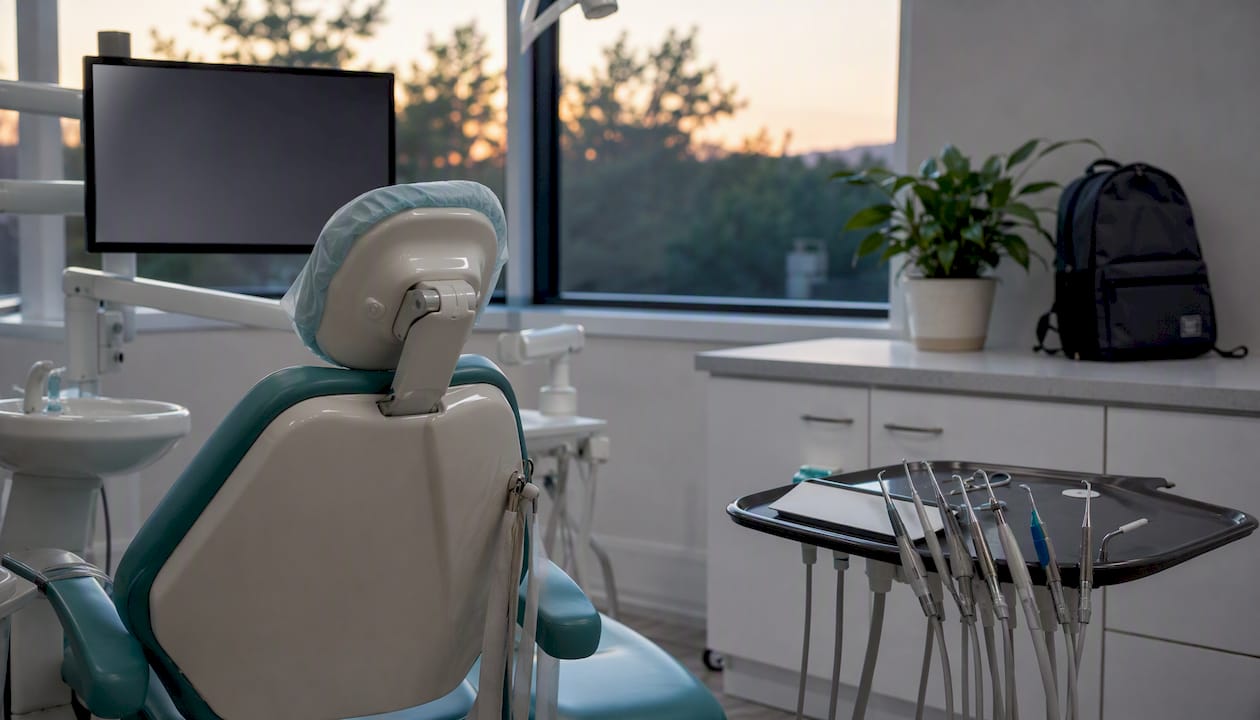 Empty dental treatment room with dental chair and tools