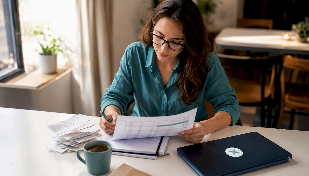 Accountant examining citation data printouts at desk