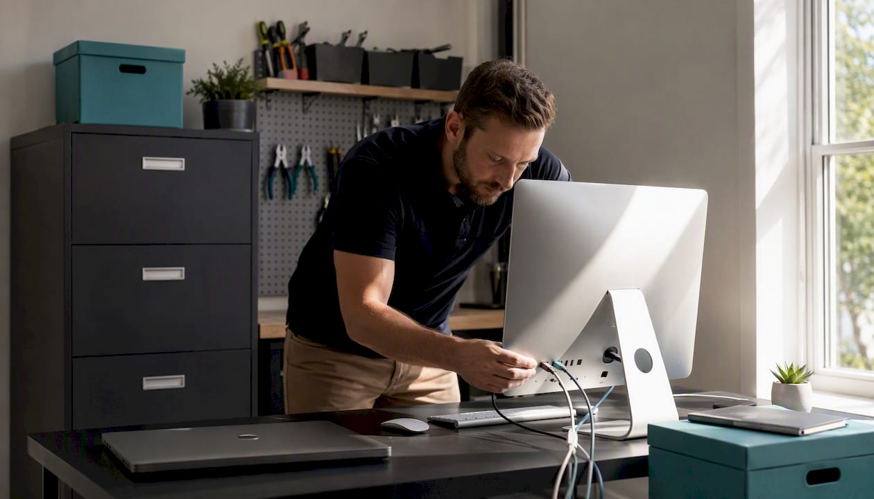Hands connecting cables on desktop computer in office
