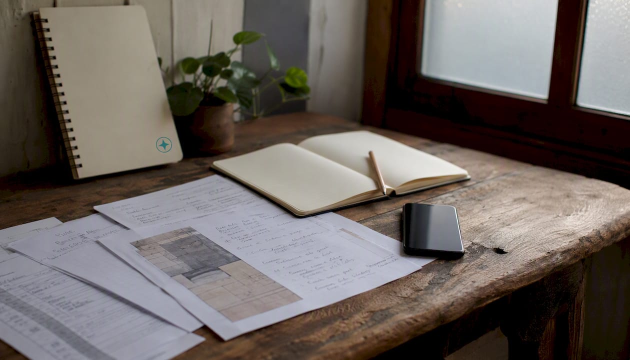 Desk with smartphone and flooring business notes