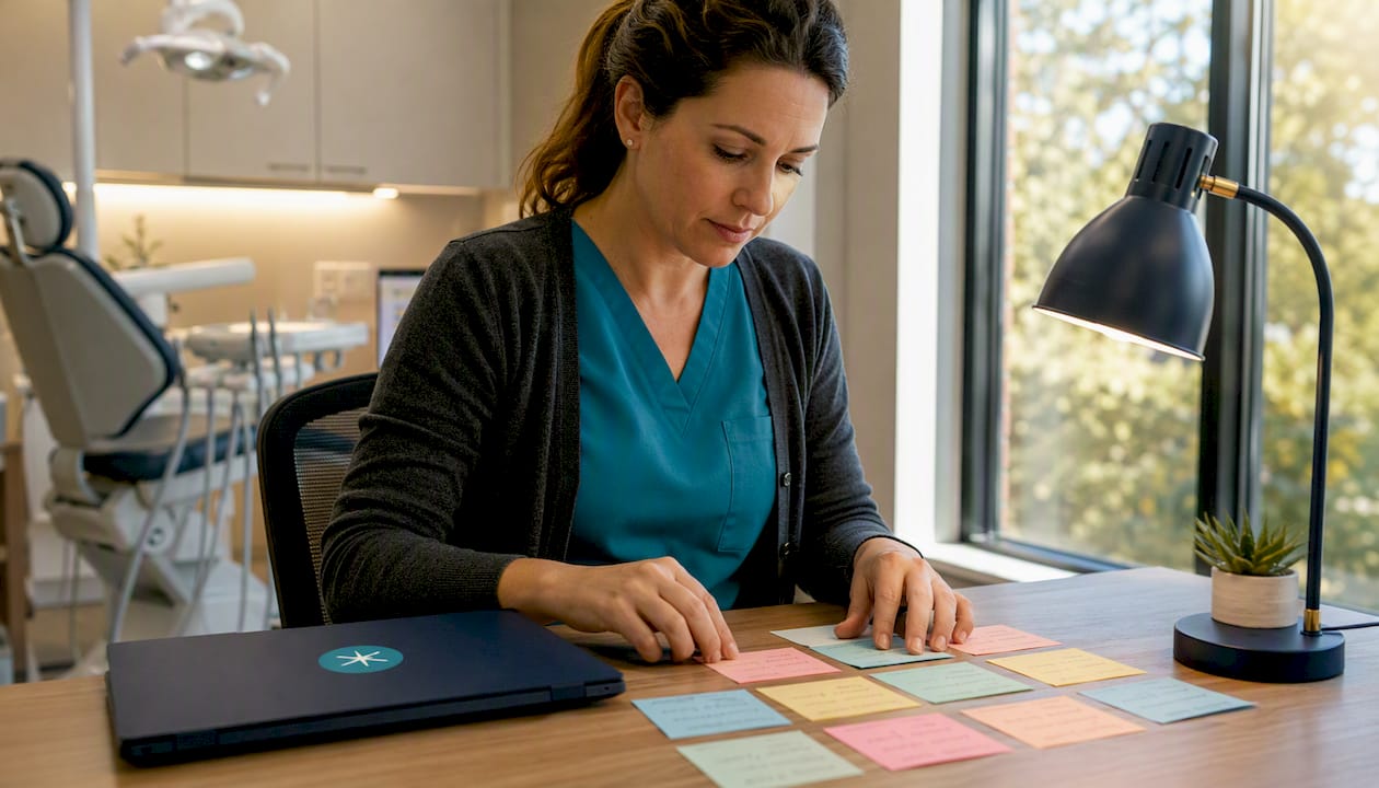 Dentist arranging content notes on desk