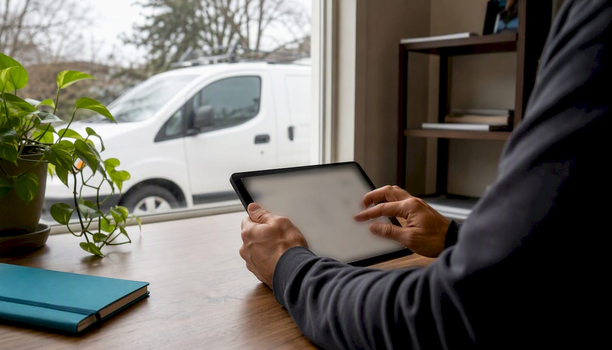 Owner updating credentials on tablet at office