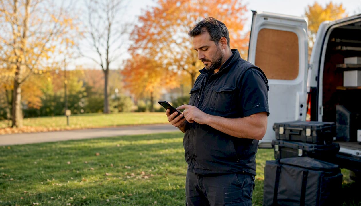 Technician using mobile device for SEO audit