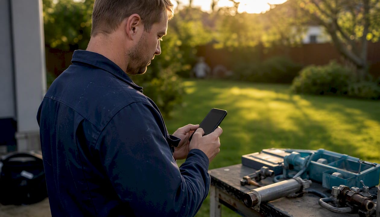 Plumber tagging service call on smartphone