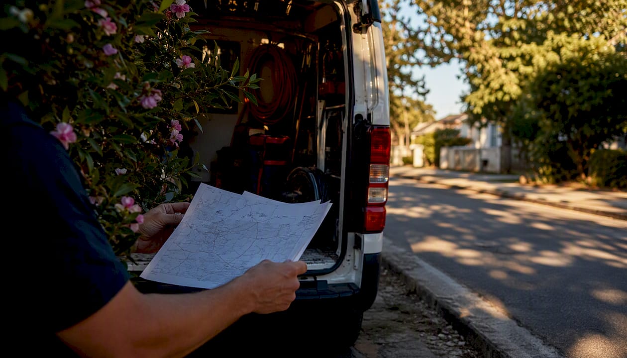 Service area business van with technician holding maps