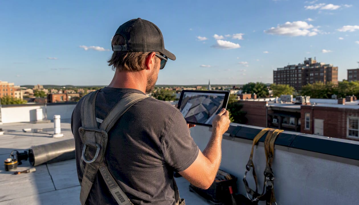 Hands holding tablet with blurred drone roof footage
