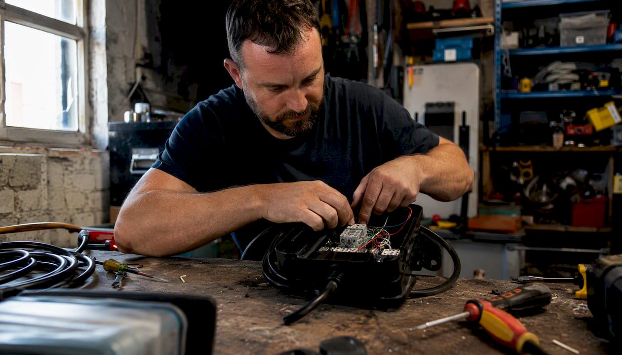 Electrician wiring charger in workshop