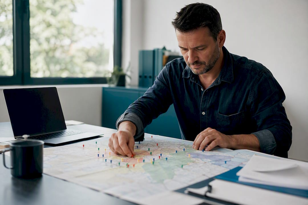 Hands arranging map pins on office desk