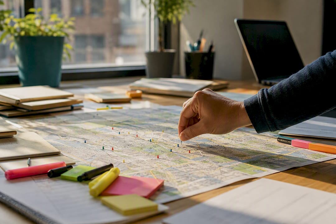 Hand placing pin on map at local SEO desk