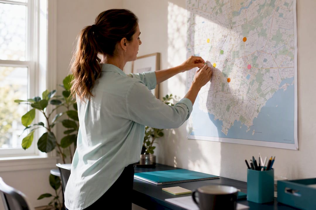 Hands placing pins on property map