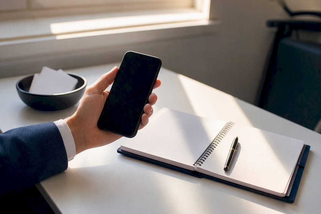 Hand holding smartphone preparing client review request