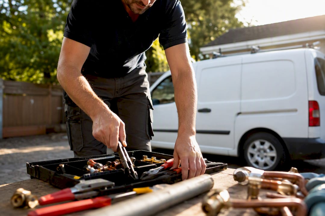 Plumber organizing tools in residential driveway