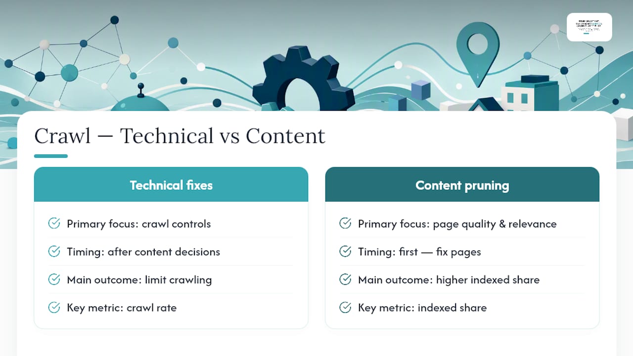 Diagram contrasting technical and content factors impacting crawl budget
