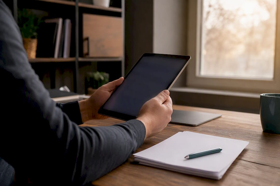 Hands holding tablet in local SEO office